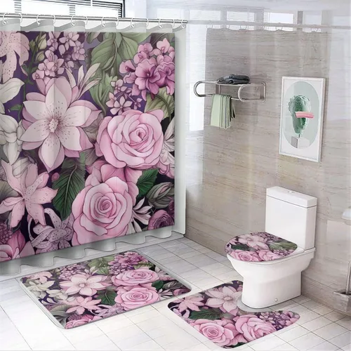 Vista 15 de Juego de 4 cortinas de ducha con alfombras, juego de baño con cortina de ducha y alfombras, 4 piezas, flores femeninas, lila, rosa, rubor, verde