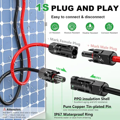 Vista 4 de Oududianzi Cable de extensión solar de 10 pies, cable solar de 10 AWG, cable fotovoltaico de cobre estañado de calibre 10, cables y conectores