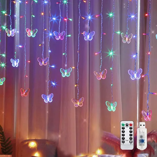 Vista 9 de Lainin - Tira de luces alimentadas por USB de 13 pies, 96 luces LED, 18 cuerdas de mariposas, tira de luces de hadas de 8 modos para fiestas Rosa