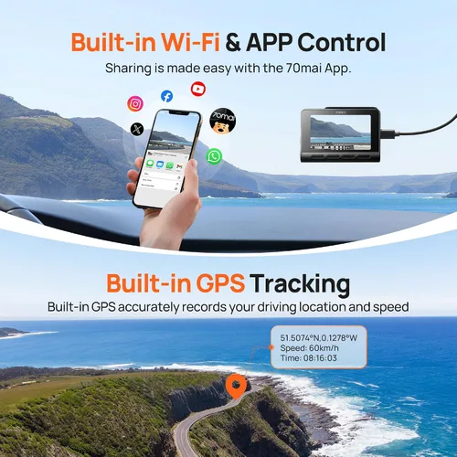 Vista 5 de 70mai Cámara de tablero 4K delantera y trasera con STARVIS, cámara de salpicadero con WiFi de 5 GHz, cámara GPS para automóvil