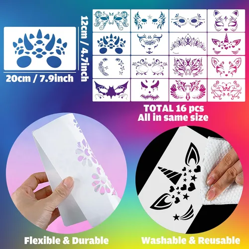 Vista 2 de Sotpot 16 plantillas faciales para dibujar máscaras de pintura, plantillas de bricolaje para pared de madera, decoración del hogar, suministros