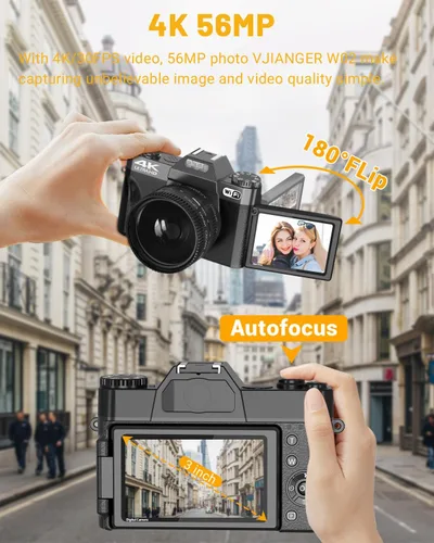 Vista 4 de VJIANGER 2025 Actualización Cámara digital 6K de 64 megapíxeles para videoblogs y fotografía para YouTube con WiFi, pantalla giratoria de 180°, zoom