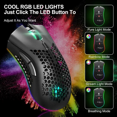 Vista 3 de AAJO Mouse inalámbrico para juegos mouse USB con carcasa de panal de abeja mouse retroiluminado RGB Chroma agarre cómodo de Hyperspeed ratones