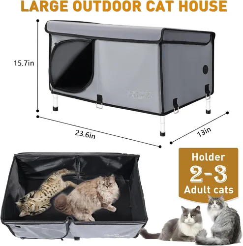 Vista 2 de Casa para gatos al aire libre elevada, casa para gatos salvajes aislada al aire libre para invierno, cama para gatos impermeable con almohadón