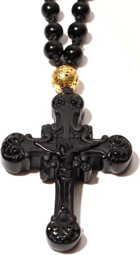 Vista 6 de Collar largo con colgante de cruz de obsidiana negra para mujeres y hombres, cristales y piedras con cuentas, amuleto ajustable, regalos de joyería