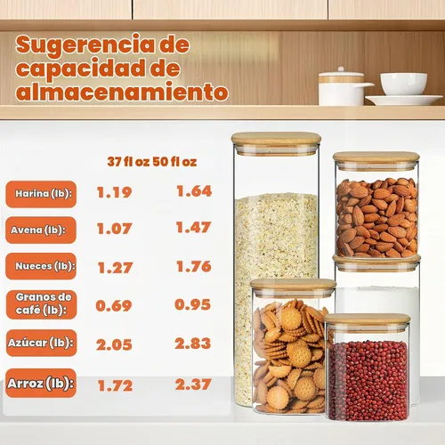 Vista 5 de Recipientes de almacenamiento de vidrio con tapas herméticas de bambú, juego de 5, tarros de vidrio de despensa con tapa, perfectos