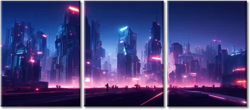 Vista 120 de Arte de pared de 3 piezas de escena de ciencia ficción de la calle comercial futurista paisaje urbano, decoración de pared para dormitorio