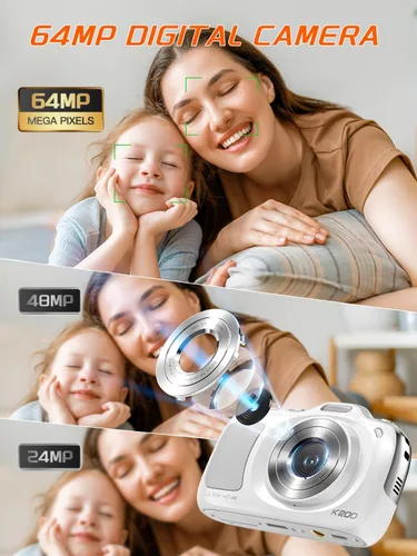 Vista 2 de Cámara digital 4K 64MP con tarjeta de 32GB y zoom de 16X, fácil para niños Blanco