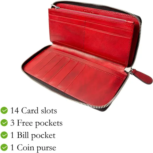 Vista 4 de Italy Cartera de cuero italiano de grano completo para mujer Gradation Sunburst de alta capacidad, Rojo