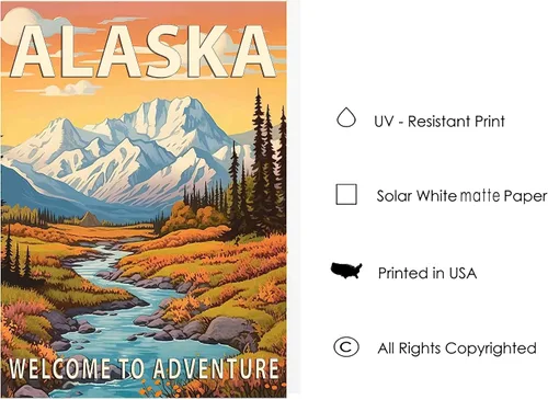 Vista 5 de Póster artístico de Alaska, decoración artística de paisaje retro de Estados Unidos, pintura de montaña y paisaje de aventura para dormitorio, sala
