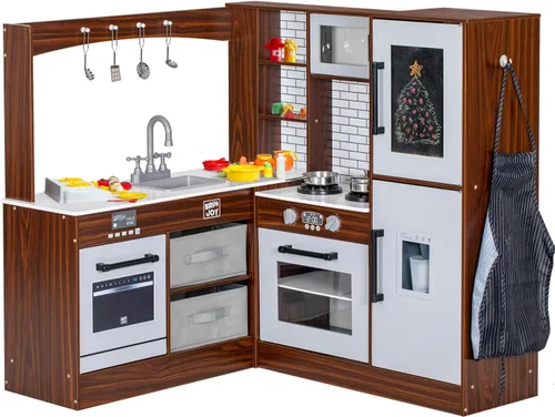 Vista 9 de BRINJOY Cocina de Juego de Esquina para Niños, Juego de Cocina de Madera para Niños Pequeños con Grifo, Fregadero, Microondas, Horno, Delantal
