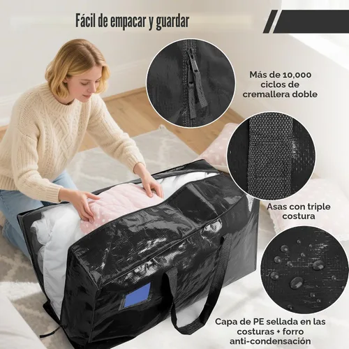 Vista 3 de Paquete de 6 bolsas de mudanza con cremallera lateral completamente abierta, extra grandes de 93 L, resistentes al agua, plegables para Negro