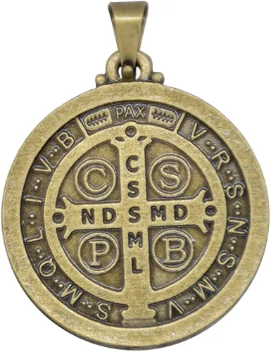 Vista 2 de Colgante redondo de medalla de San Benito Patrón de los estudiantes y Europa Metal dorado con acabado antiguo Gran regalo católico para primera