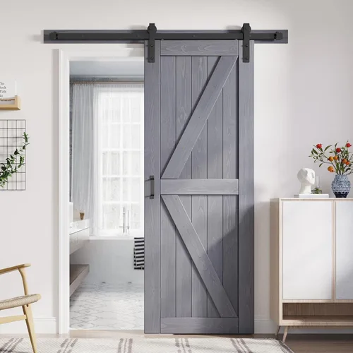 Vista 15 de FREDBECK Puertas dobles grises de 24 x 84 pulgadas, puerta de granero de 48 pulgadas con kit de herrajes para puerta de granero de 8 pies incluido