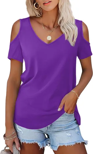 Vista 14 de Amoretu - Camisetas de manga corta con hombros descubiertos, cuello en V, blusa y túnica para mujer A: Negro
