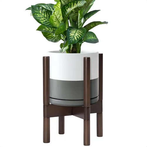 Vista 65 de D'vine Dev Maceta de cerámica con soporte de ébano – Maceta redonda moderna de 8 pulgadas con soporte para maceta de madera, color negro, 55-B-M-2