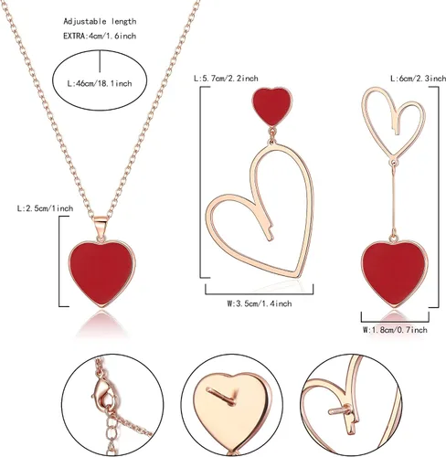 Vista 7 de Flyonce Juego de joyas de San Valentín para mujer, juego de joyas de corazón para mujer, collar con colgante de corazón, conjunto de aretes