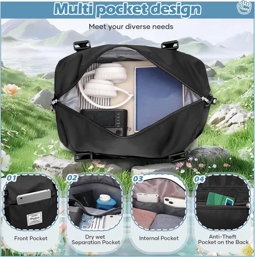 Vista 4 de Pequeña bolsa de gimnasio negra para mujer, elegante bolsa de viaje para avión, bolsa de lona ligera para mujeres y hombres, bolsa