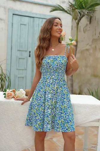Vista 8 de Sexyasasii Vestido de verano para mujer con tirantes delgados estilo bohemio floral con volantes cintura imperio fruncido corto para patinadora
