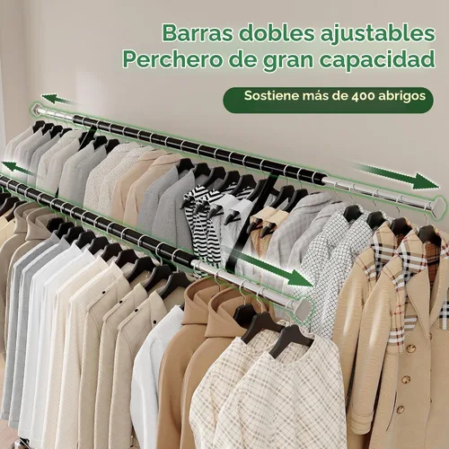 Vista 2 de Raybee Perchero resistente de alta capacidad 285KG, perchero para ropa con varillas dobles y cesta de almacenamiento, perchero portátil para ropa