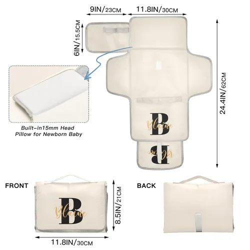Vista 5 de Cambiador de pañales de bebé beige para niños pequeños, tapete portátil para cambiar pañales con bolsillo de almacenamiento para viajes, aparador