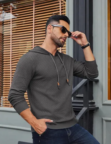 Vista 14 de COOFANDY Sudadera con capucha para hombre, casual, de manga larga, con cordón, de punto gofre, ajustada