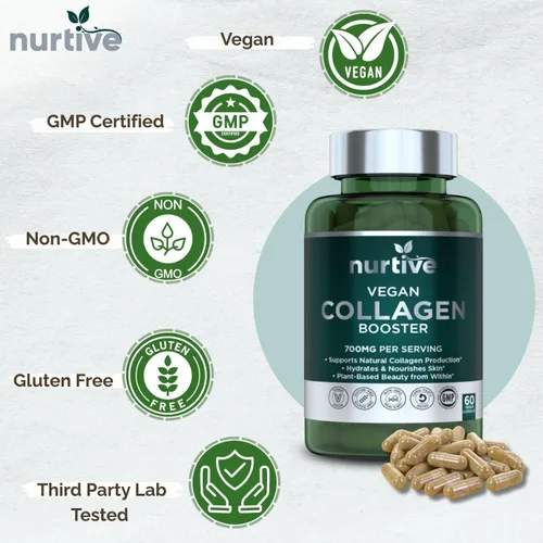 Vista 5 de Potenciador de colágeno a base de plantas, soporte vegano con vitamina C, aminoácidos y ácidos hialurónicos, 700 mg/porción, sin OMG, sin gluten