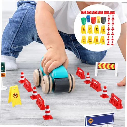 Vista 9 de TOYANDONA 31 piezas de señales de tráfico para niños, conos de tráfico de plástico en miniatura, mini barril, juego educativo piezas para niños