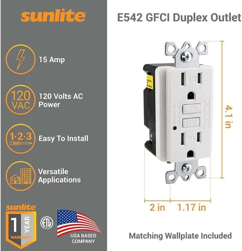 Vista 2 de Sunlite 55410 E542 GFCI, salida dúplex, 15 amperios, 120 VAC, 2 polos/3 cables, resistente a manipulaciones, placa de pared a juego incluida, luz