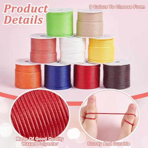 Vista 4 de PH PandaHall 9 colores, 11 yardas/rollo de 0.059 in de poliéster encerado, hilo de hilo de cuentas para pulseras, collares, joyas, manualidades