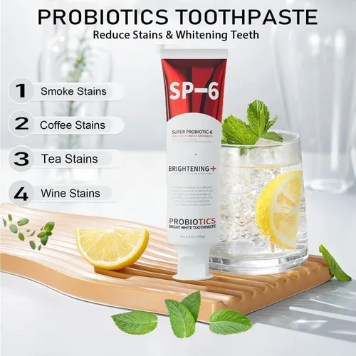 Vista 8 de Sp-6 Probiótico, pasta de dientes blanqueadora, contiene probióticos blanqueadores sin flúor, refrescante sabor a menta, pasta de dientes