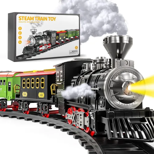 Vista 11 de Juego de tren para niños de 3-5 4-7, juego de juguetes clásicos de tren eléctrico con motor de locomotora, luces y sonido con vapor, rieles
