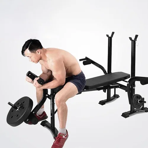 Vista 4 de Equipo de entrenamiento de banco de pesas estándar 6 en 1 para gimnasio en casa, entrenamiento de cuerpo completo, juego de prensa de banco, rizo
