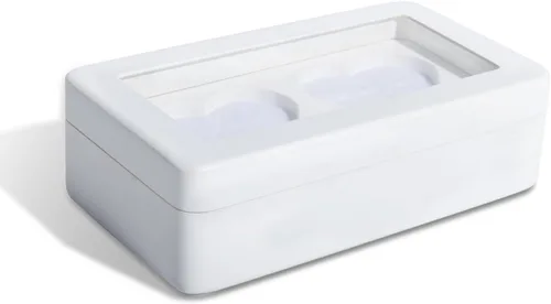 Vista 4 de Caja de anillos para ceremonia de boda, soporte de madera blanca con doble corazón para boda y compromiso (rectángulo blanco)