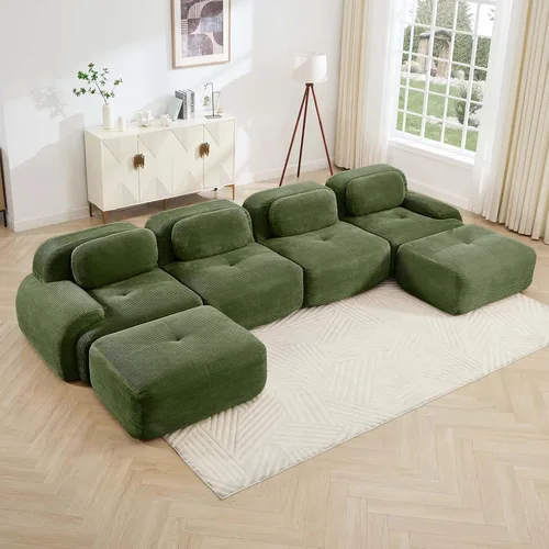 Vista 47 de Sofá moderno comprimido sin armazón de 116", sofás seccionales de 3 plazas para sala de estar, sofá seccional modular de pana verde nube, espuma