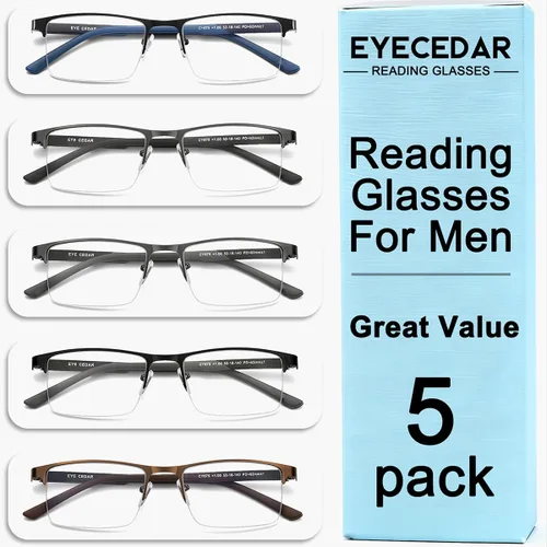 Vista 6 de EYECEDAR Paquete de 5 lentes de lectura con bloqueo de luz azul de alta calidad para hombre, medio marco de metal, bisagras de resorte, lectores