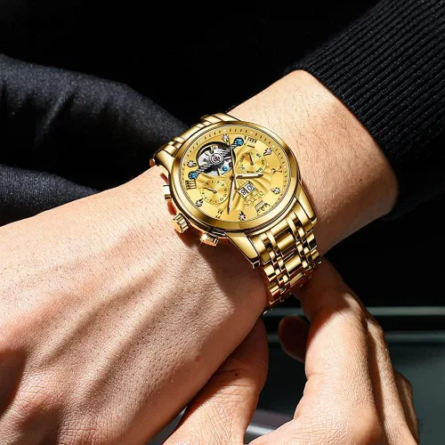 Vista 5 de OLEVS Relojes automáticos para hombres reloj de pulsera mecánico de esqueleto de lujo dorado con cuerda automática diamante luminoso impermeable