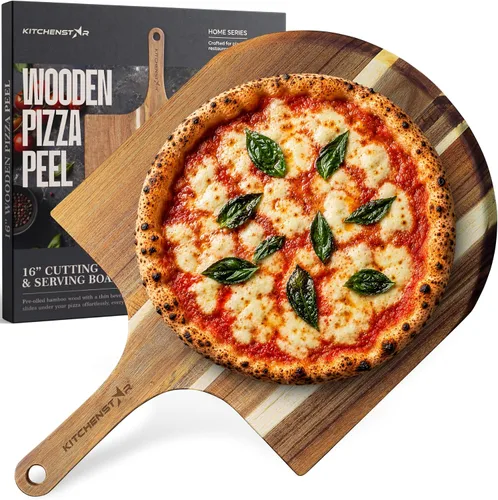Vista 8 de KitchenStar Pela de pizza de madera de acacia de 14 pulgadas – Tabla grande de madera para cortar y servir con mango – Acabado de aceite natural