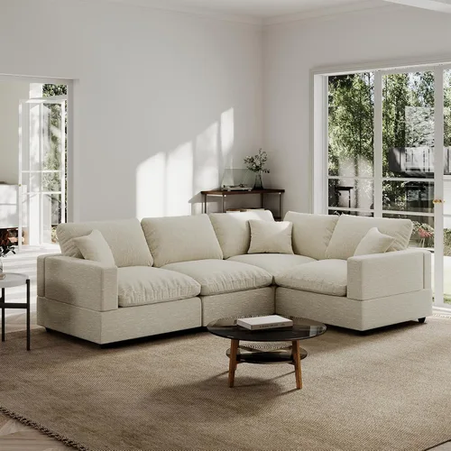 Vista 35 de Sofá seccional moderno de lino en forma de L para sala de estar, sofás modulares con relleno de plumón, fundas de cojín de sofá desmontables, sofá