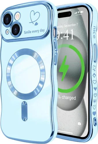 Vista 56 de LCHULLE - Funda magnética para iPhone 13 para mujeres y niñas, con forma ondulada, color azul bebé [Compatible with MagSafe] Cute Curly Wave, Love