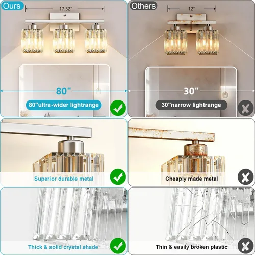 Vista 4 de GOLSPARK Crystal Bathroom Vanity Light, Brushed Nickel, 3 Light, Square Modern Bathroom Light Fixtures, Vanity Lighting Over Mirror, Wall Sconce