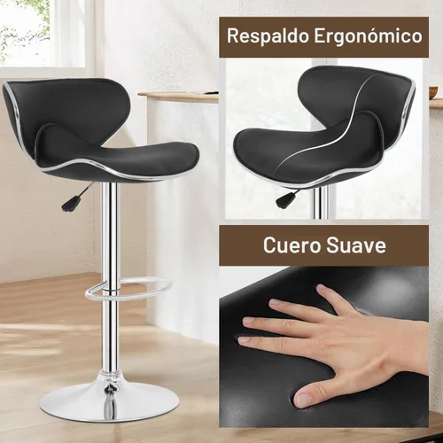 Vista 5 de Sillas giratorias taburetes de bar y modernas ajustable de piel sintética, conjunto de 2, Cuero, Negro