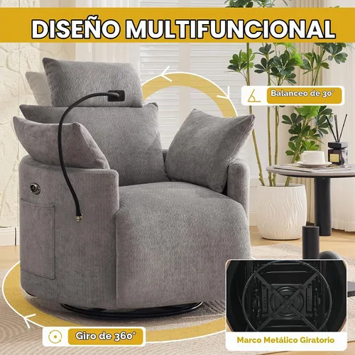 Vista 4 de Power Glider - Mecedora para guardería, reclinable giratorio con USB, color Gris claro
