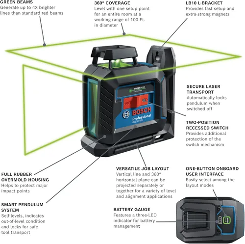 Vista 2 de Bosch GLL50-40G - Láser de línea cruzada autonivelante de haz verde de 360 grados, incluye 4 pilas AA, soporte en L, clip para techo y estuche