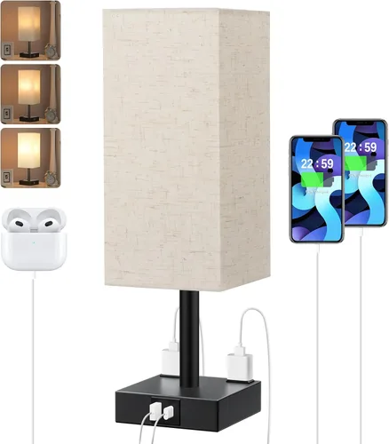 Vista 10 de Lámpara de mesa de noche táctil, con pantalla, puertos de carga USB C+A y salidas de CA duales, para dormitorio, sala de estar, oficina