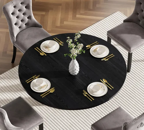 Vista 3 de Juego de mesa de comedor extensible negra de 43"-59" para 2, juego de mesa de comedor de 3 piezas con 2 sillas, mesa de cocina redonda de madera que