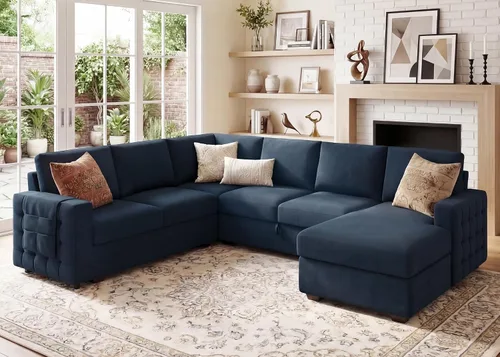 Vista 8 de HONBAY Sofá cama modular con cama extraíble, sofá seccional en forma de U, cama con diván de almacenamiento, sala de estar, sofá modular de 6 Azul