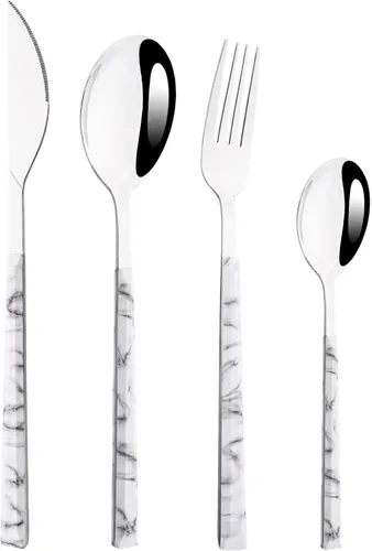 Vista 13 de Juego de cubiertos de 24 piezas de cubiertos de imitación de mármol blanco con soporte, cubiertos de acero inoxidable para 6, utensilios de comer