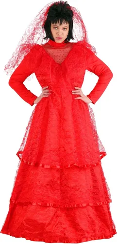 Vista 4 de Vestido de novia gótico rojo adulto para mujer, Novia gótica no-muerta morbosa mortal día de los muertos
