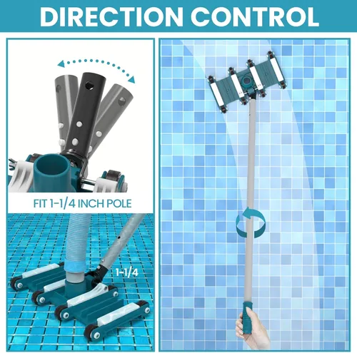 Vista 4 de POOLWHALE Cabezal de aspiradora de piscina flexible de 14" con ruedas, mango de control de dirección giratoria para piscinas enterradas y sobre